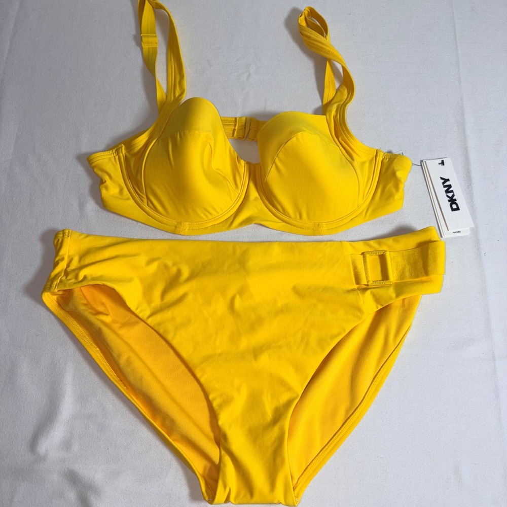 DKNY Bikini Set XL Yellow New Underwire High Waist Buckle Detail Swimsuit